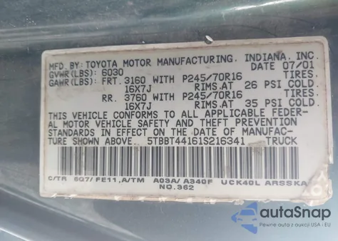 2001 Toyota Tundra Sr5 V8 из США, поврежденный, VIN 5TBBT44161S216341